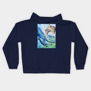 Dolphins, sea life in watercolour pattern illustration Kids Hoodie